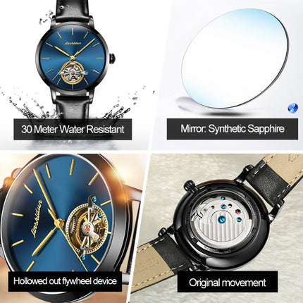 JIN SHI DUN 8812 Women Simple Hollowed Waterproof Automatic Mechanical Watch(Black Leather Strip Blue)-garmade.com