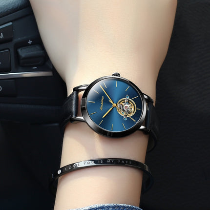 JIN SHI DUN 8812 Women Simple Hollowed Waterproof Automatic Mechanical Watch(Black Leather Strip Blue)-garmade.com