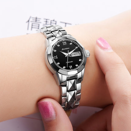 JIN SHI DUN 8813 Fashion Waterproof Luminous Automatic Mechanical Watch, Style:Women(Silver Black)-garmade.com