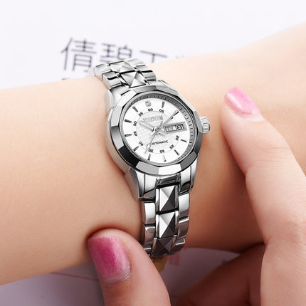 JIN SHI DUN 8813 Fashion Waterproof Luminous Automatic Mechanical Watch, Style:Women(Silver White)-garmade.com