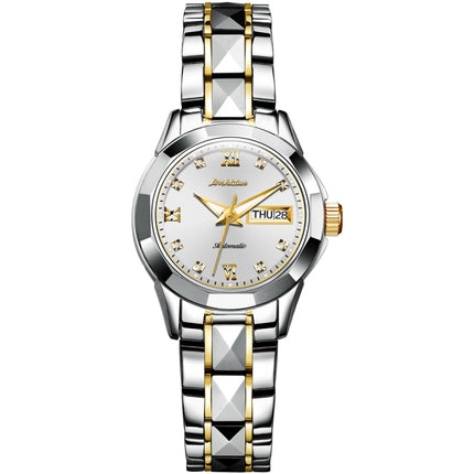 JIN SHI DUN 8813 Fashion Waterproof Luminous Automatic Mechanical Watch, Style:Women(Silver Gold White)-garmade.com