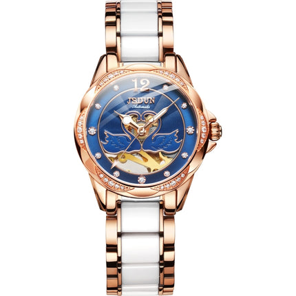 JIN SHI DUN 8831 Women Fashion Diamond Hollowed Waterproof Ceramic Mechanical Watch(Blue)-garmade.com