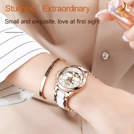 JIN SHI DUN 8831 Women Fashion Diamond Hollowed Waterproof Ceramic Mechanical Watch(Blue)-garmade.com