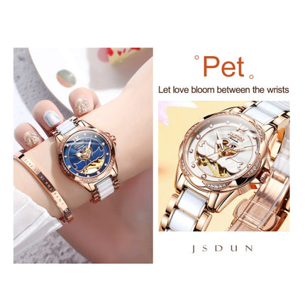 JIN SHI DUN 8831 Women Fashion Diamond Hollowed Waterproof Ceramic Mechanical Watch(Blue)-garmade.com