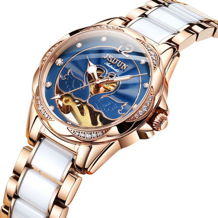 JIN SHI DUN 8831 Women Fashion Diamond Hollowed Waterproof Ceramic Mechanical Watch(Blue)-garmade.com