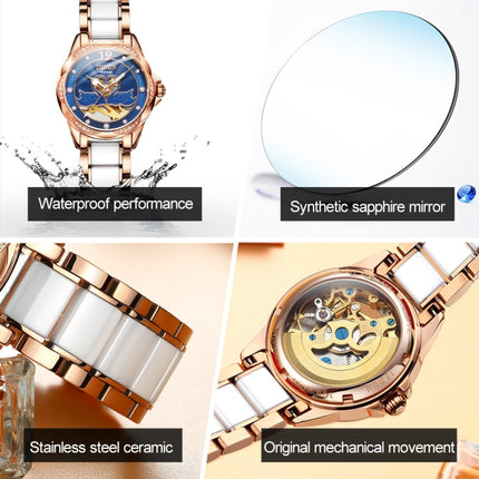 JIN SHI DUN 8831 Women Fashion Diamond Hollowed Waterproof Ceramic Mechanical Watch(Blue)-garmade.com