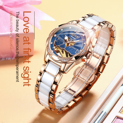 JIN SHI DUN 8831 Women Fashion Diamond Hollowed Waterproof Ceramic Mechanical Watch(Blue)-garmade.com