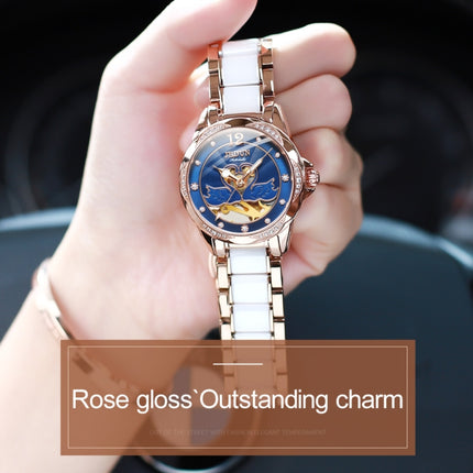 JIN SHI DUN 8831 Women Fashion Diamond Hollowed Waterproof Ceramic Mechanical Watch(Blue)-garmade.com