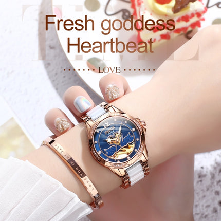 JIN SHI DUN 8831 Women Fashion Diamond Hollowed Waterproof Ceramic Mechanical Watch(Blue)-garmade.com