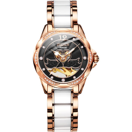 JIN SHI DUN 8831 Women Fashion Diamond Hollowed Waterproof Ceramic Mechanical Watch(Black)-garmade.com