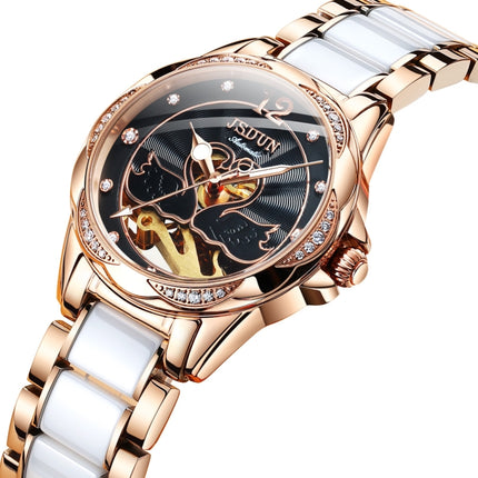 JIN SHI DUN 8831 Women Fashion Diamond Hollowed Waterproof Ceramic Mechanical Watch(Black)-garmade.com