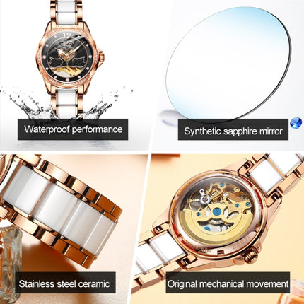 JIN SHI DUN 8831 Women Fashion Diamond Hollowed Waterproof Ceramic Mechanical Watch(Black)-garmade.com
