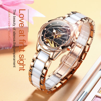 JIN SHI DUN 8831 Women Fashion Diamond Hollowed Waterproof Ceramic Mechanical Watch(Black)-garmade.com