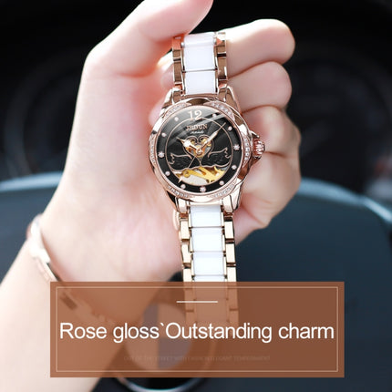 JIN SHI DUN 8831 Women Fashion Diamond Hollowed Waterproof Ceramic Mechanical Watch(Black)-garmade.com