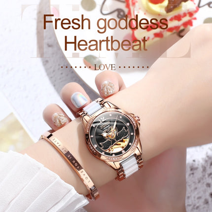 JIN SHI DUN 8831 Women Fashion Diamond Hollowed Waterproof Ceramic Mechanical Watch(Black)-garmade.com