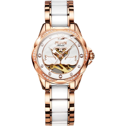 JIN SHI DUN 8831 Women Fashion Diamond Hollowed Waterproof Ceramic Mechanical Watch(White)-garmade.com