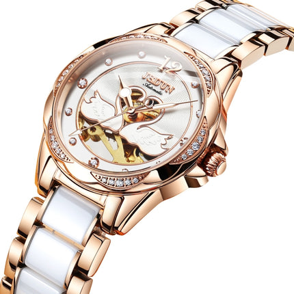 JIN SHI DUN 8831 Women Fashion Diamond Hollowed Waterproof Ceramic Mechanical Watch(White)-garmade.com