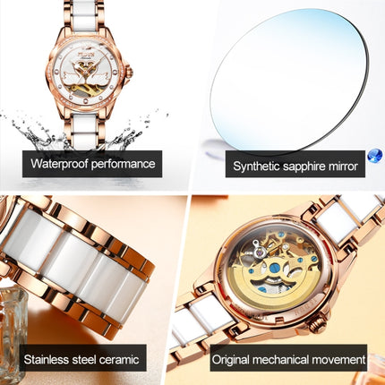 JIN SHI DUN 8831 Women Fashion Diamond Hollowed Waterproof Ceramic Mechanical Watch(White)-garmade.com