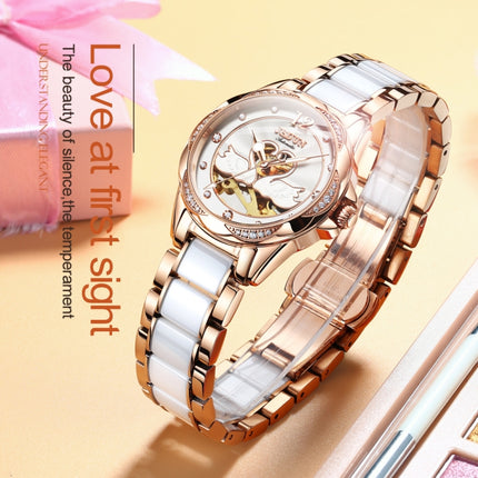 JIN SHI DUN 8831 Women Fashion Diamond Hollowed Waterproof Ceramic Mechanical Watch(White)-garmade.com