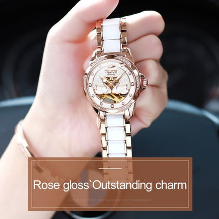 JIN SHI DUN 8831 Women Fashion Diamond Hollowed Waterproof Ceramic Mechanical Watch(White)-garmade.com