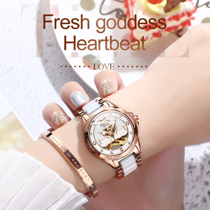 JIN SHI DUN 8831 Women Fashion Diamond Hollowed Waterproof Ceramic Mechanical Watch(White)-garmade.com