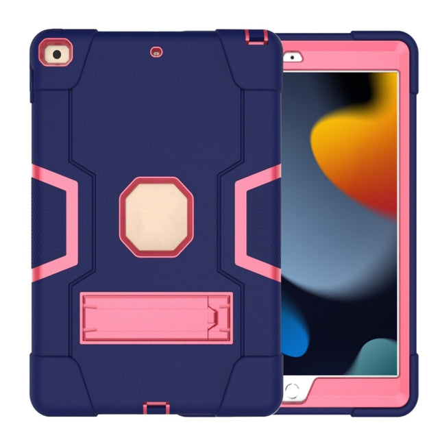 For iPad 10.2 Contrast Color Silicone + PC Combination Case with Holder(Navy Blue + Rose Red)-garmade.com