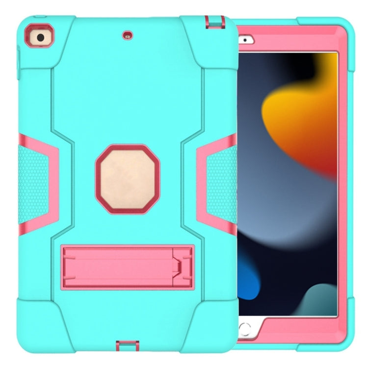 For iPad 10.2 Contrast Color Silicone + PC Combination Case with Holder(Aqua + Rose Red)-garmade.com