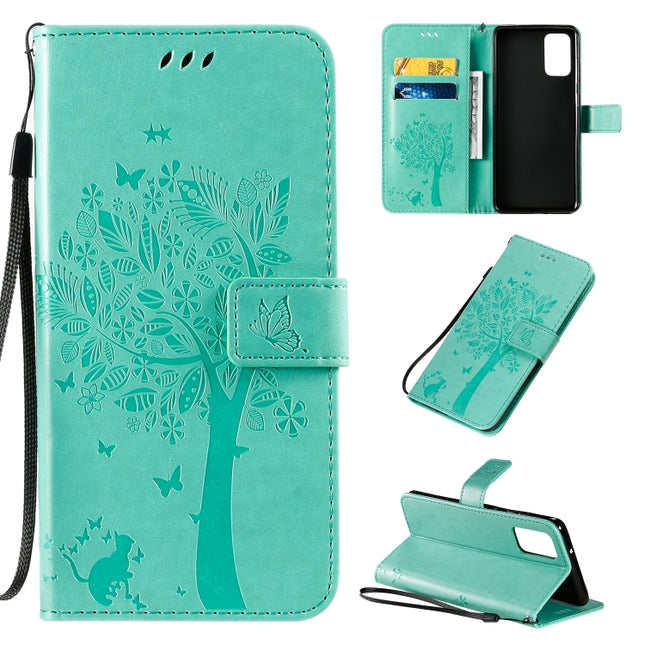 For Galaxy S20+ Tree & Cat Pattern Pressed Printing Horizontal Flip PU Leather Case with Holder & Card Slots & Wallet & Lanyard(Green)-garmade.com