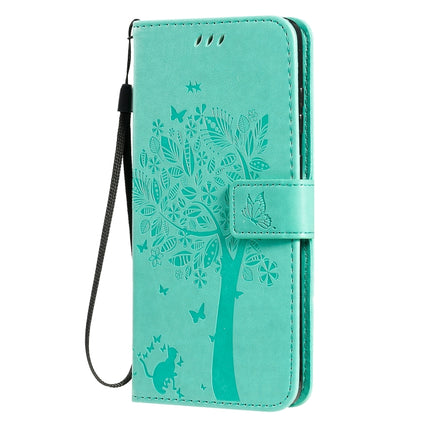 For Galaxy S20+ Tree & Cat Pattern Pressed Printing Horizontal Flip PU Leather Case with Holder & Card Slots & Wallet & Lanyard(Green)-garmade.com