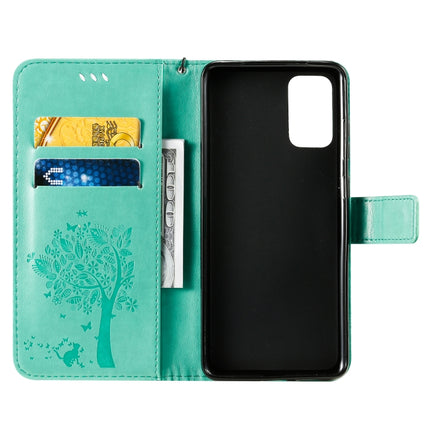 For Galaxy S20+ Tree & Cat Pattern Pressed Printing Horizontal Flip PU Leather Case with Holder & Card Slots & Wallet & Lanyard(Green)-garmade.com