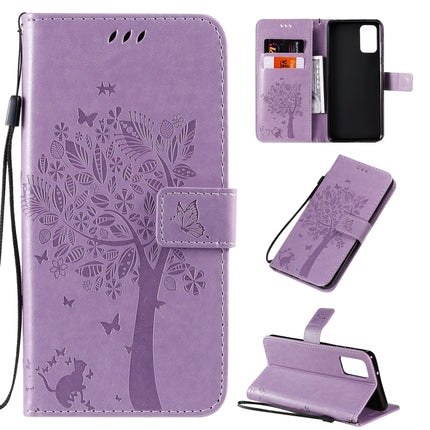 For Galaxy S20+ Tree & Cat Pattern Pressed Printing Horizontal Flip PU Leather Case with Holder & Card Slots & Wallet & Lanyard(Light Purple)-garmade.com