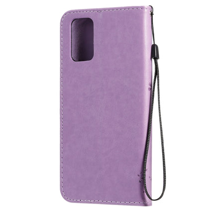 For Galaxy S20+ Tree & Cat Pattern Pressed Printing Horizontal Flip PU Leather Case with Holder & Card Slots & Wallet & Lanyard(Light Purple)-garmade.com