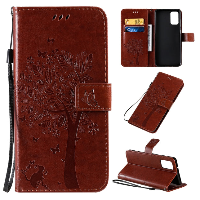 For Galaxy S20+ Tree & Cat Pattern Pressed Printing Horizontal Flip PU Leather Case with Holder & Card Slots & Wallet & Lanyard(Coffee)-garmade.com