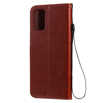 For Galaxy S20+ Tree & Cat Pattern Pressed Printing Horizontal Flip PU Leather Case with Holder & Card Slots & Wallet & Lanyard(Coffee)-garmade.com