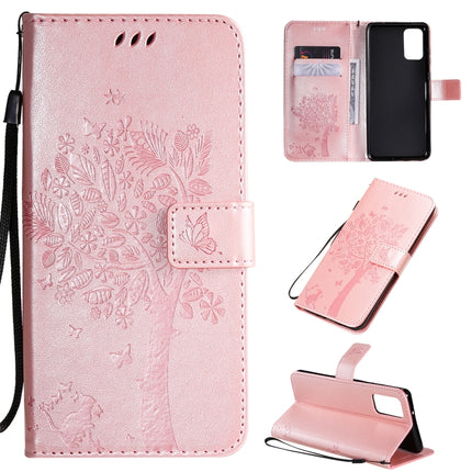 For Galaxy S20+ Tree & Cat Pattern Pressed Printing Horizontal Flip PU Leather Case with Holder & Card Slots & Wallet & Lanyard(Rose Gold)-garmade.com