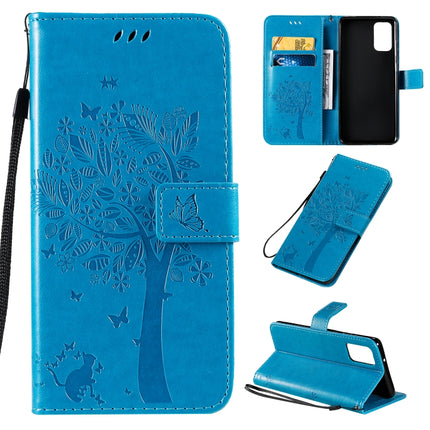 For Galaxy S20+ Tree & Cat Pattern Pressed Printing Horizontal Flip PU Leather Case with Holder & Card Slots & Wallet & Lanyard(Blue)-garmade.com