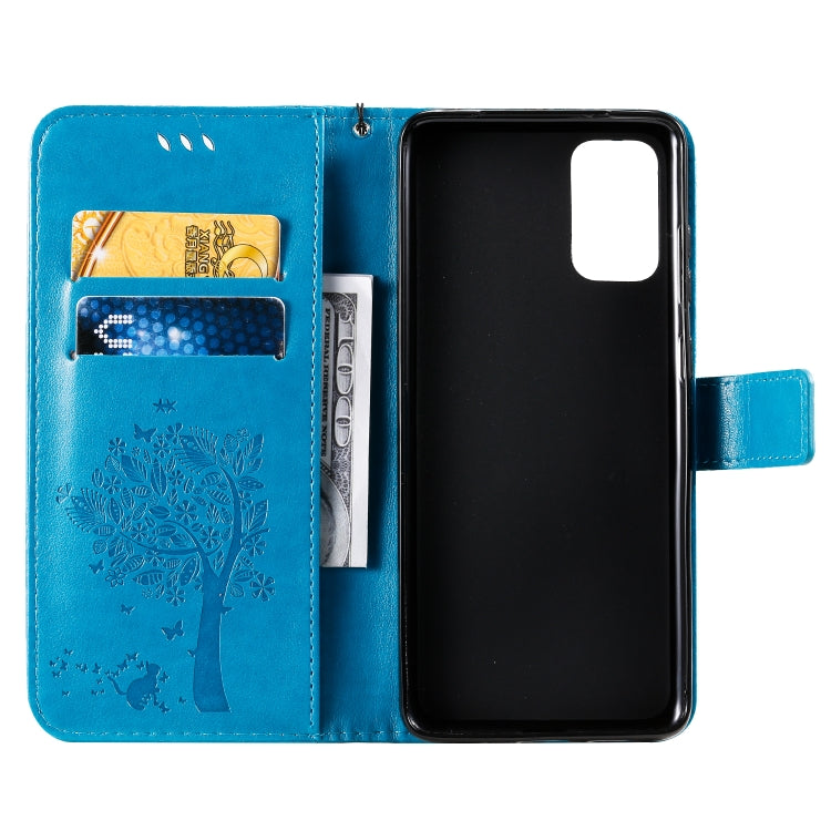 For Galaxy S20+ Tree & Cat Pattern Pressed Printing Horizontal Flip PU Leather Case with Holder & Card Slots & Wallet & Lanyard(Blue)-garmade.com