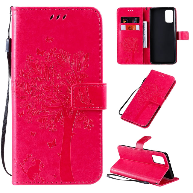 For Galaxy S20+ Tree & Cat Pattern Pressed Printing Horizontal Flip PU Leather Case with Holder & Card Slots & Wallet & Lanyard(Rose Red)-garmade.com