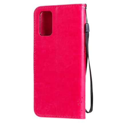 For Galaxy S20+ Tree & Cat Pattern Pressed Printing Horizontal Flip PU Leather Case with Holder & Card Slots & Wallet & Lanyard(Rose Red)-garmade.com