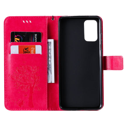 For Galaxy S20+ Tree & Cat Pattern Pressed Printing Horizontal Flip PU Leather Case with Holder & Card Slots & Wallet & Lanyard(Rose Red)-garmade.com