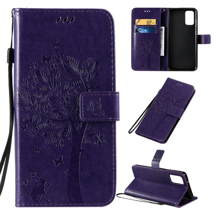 For Galaxy S20+ Tree & Cat Pattern Pressed Printing Horizontal Flip PU Leather Case with Holder & Card Slots & Wallet & Lanyard(Purple)-garmade.com