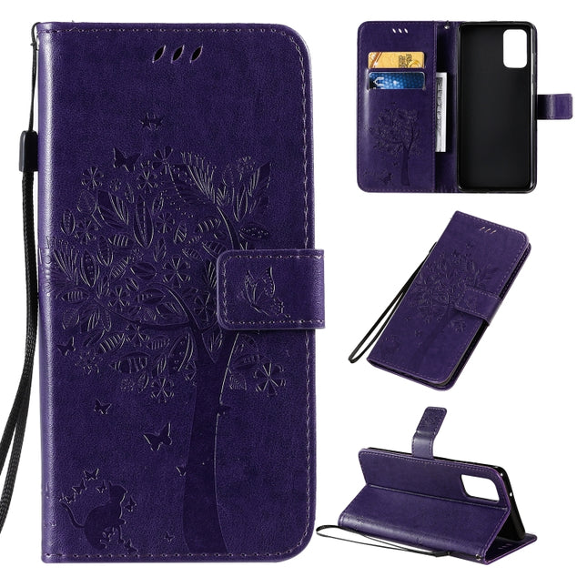 For Galaxy S20+ Tree & Cat Pattern Pressed Printing Horizontal Flip PU Leather Case with Holder & Card Slots & Wallet & Lanyard(Purple)-garmade.com