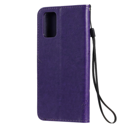For Galaxy S20+ Tree & Cat Pattern Pressed Printing Horizontal Flip PU Leather Case with Holder & Card Slots & Wallet & Lanyard(Purple)-garmade.com