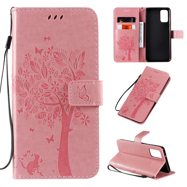 For Galaxy S20+ Tree & Cat Pattern Pressed Printing Horizontal Flip PU Leather Case with Holder & Card Slots & Wallet & Lanyard(Pink)-garmade.com