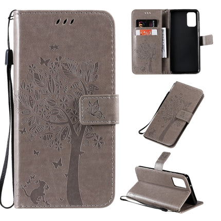 For Galaxy S20+ Tree & Cat Pattern Pressed Printing Horizontal Flip PU Leather Case with Holder & Card Slots & Wallet & Lanyard(Grey)-garmade.com