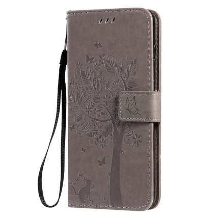 For Galaxy S20+ Tree & Cat Pattern Pressed Printing Horizontal Flip PU Leather Case with Holder & Card Slots & Wallet & Lanyard(Grey)-garmade.com