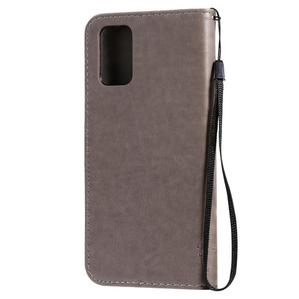For Galaxy S20+ Tree & Cat Pattern Pressed Printing Horizontal Flip PU Leather Case with Holder & Card Slots & Wallet & Lanyard(Grey)-garmade.com