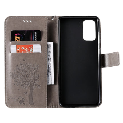 For Galaxy S20+ Tree & Cat Pattern Pressed Printing Horizontal Flip PU Leather Case with Holder & Card Slots & Wallet & Lanyard(Grey)-garmade.com