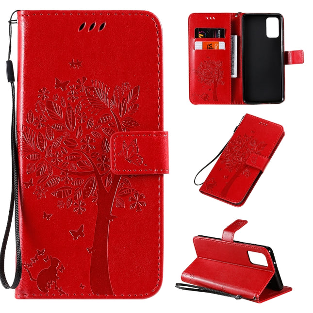 For Galaxy S20+ Tree & Cat Pattern Pressed Printing Horizontal Flip PU Leather Case with Holder & Card Slots & Wallet & Lanyard(Red)-garmade.com