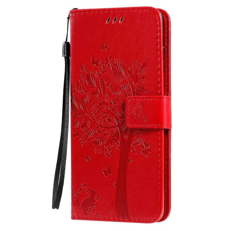 For Galaxy S20+ Tree & Cat Pattern Pressed Printing Horizontal Flip PU Leather Case with Holder & Card Slots & Wallet & Lanyard(Red)-garmade.com